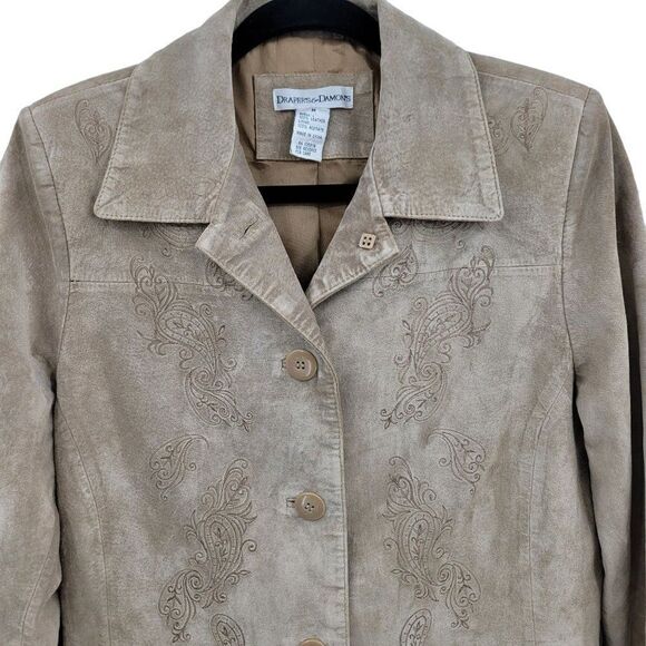 Vtg 90's Jacket Leather Embroidered Country Rodeo Shacket Neutral Tan Sz M - Picture 5 of 11